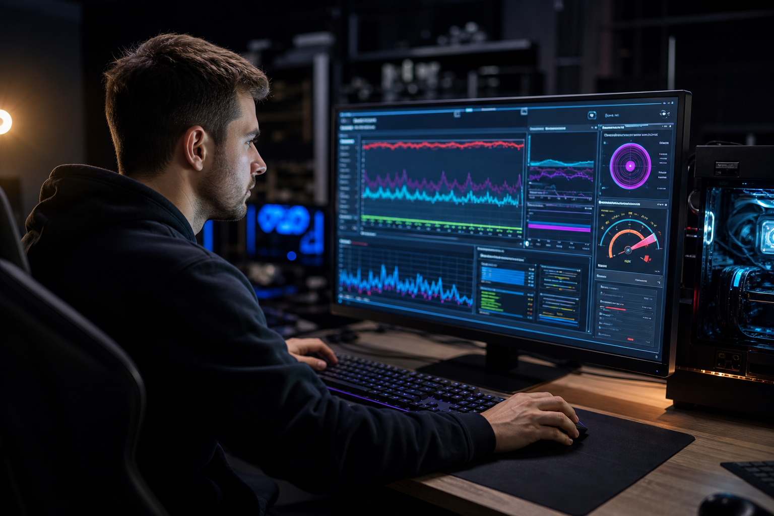 Technician monitoring a benchmark run with graphs on a large monitor