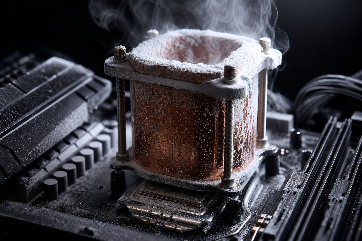 Liquid nitrogen overclocking setup with frost forming on a CPU pot, Raleigh NC