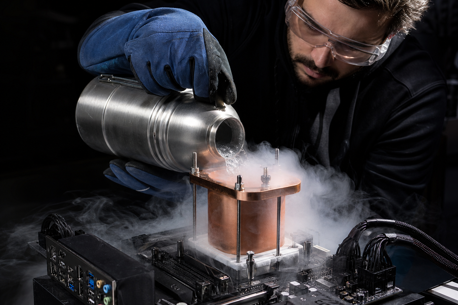 Technician pouring liquid nitrogen into an overclocking pot