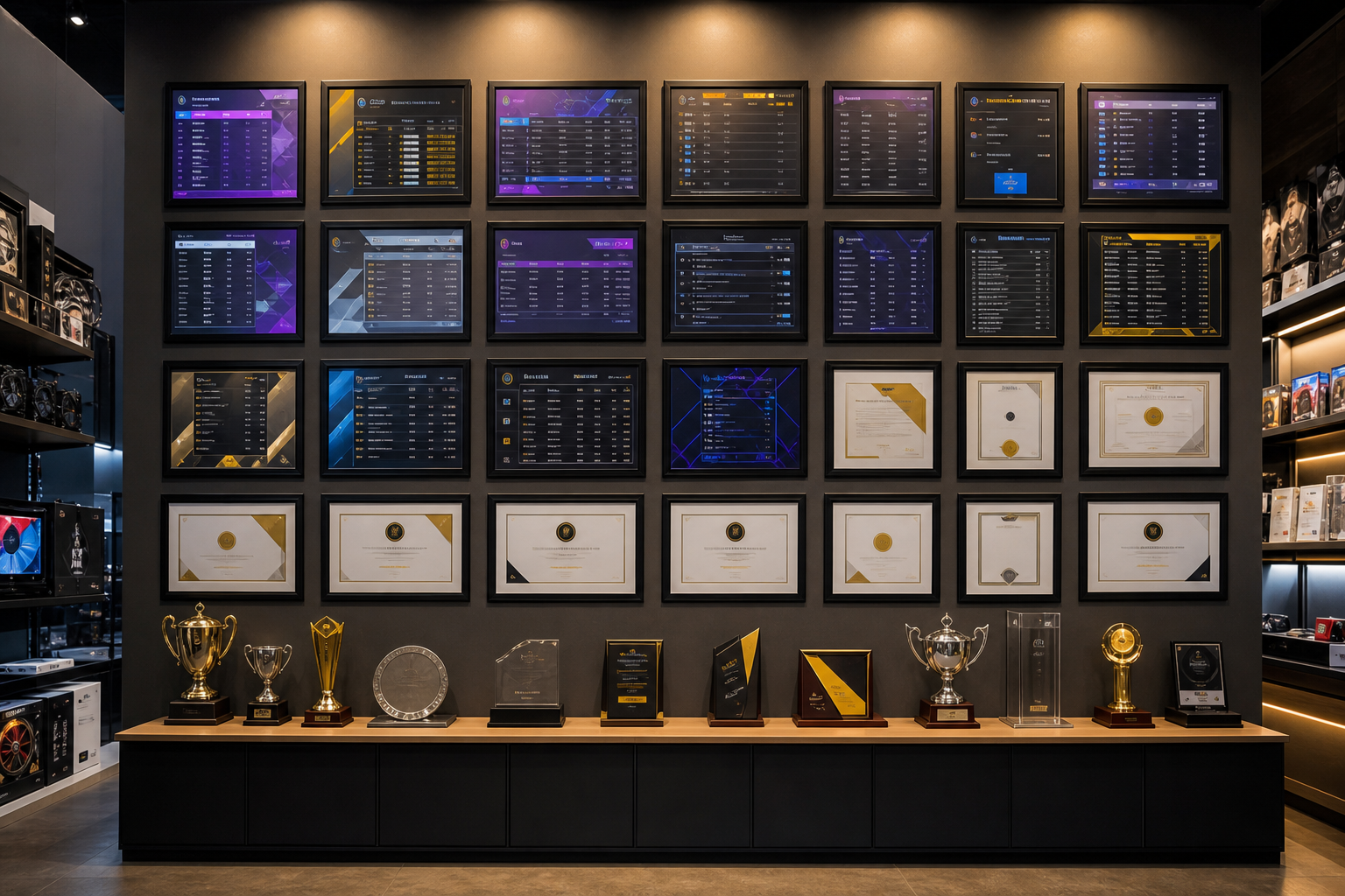 Wall of benchmark leaderboard screenshots and record certificates