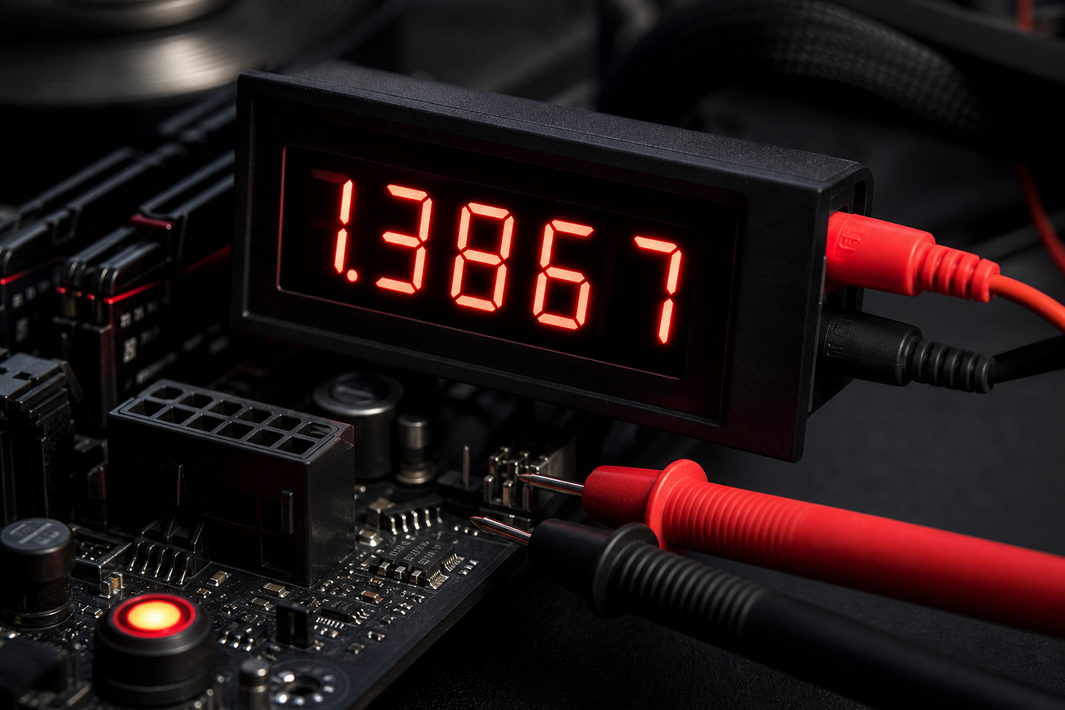Close-up of an overclocking voltage readout display panel